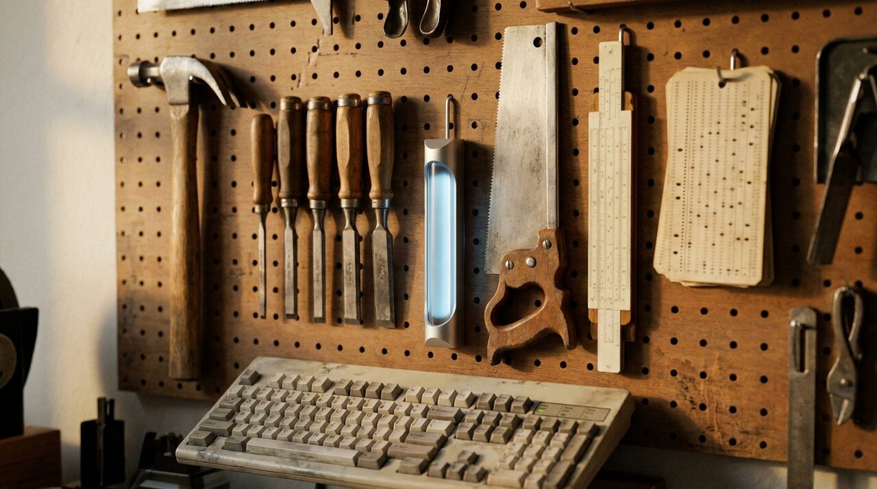 Old tools on a workshop wall, with one new tool glowing among them
