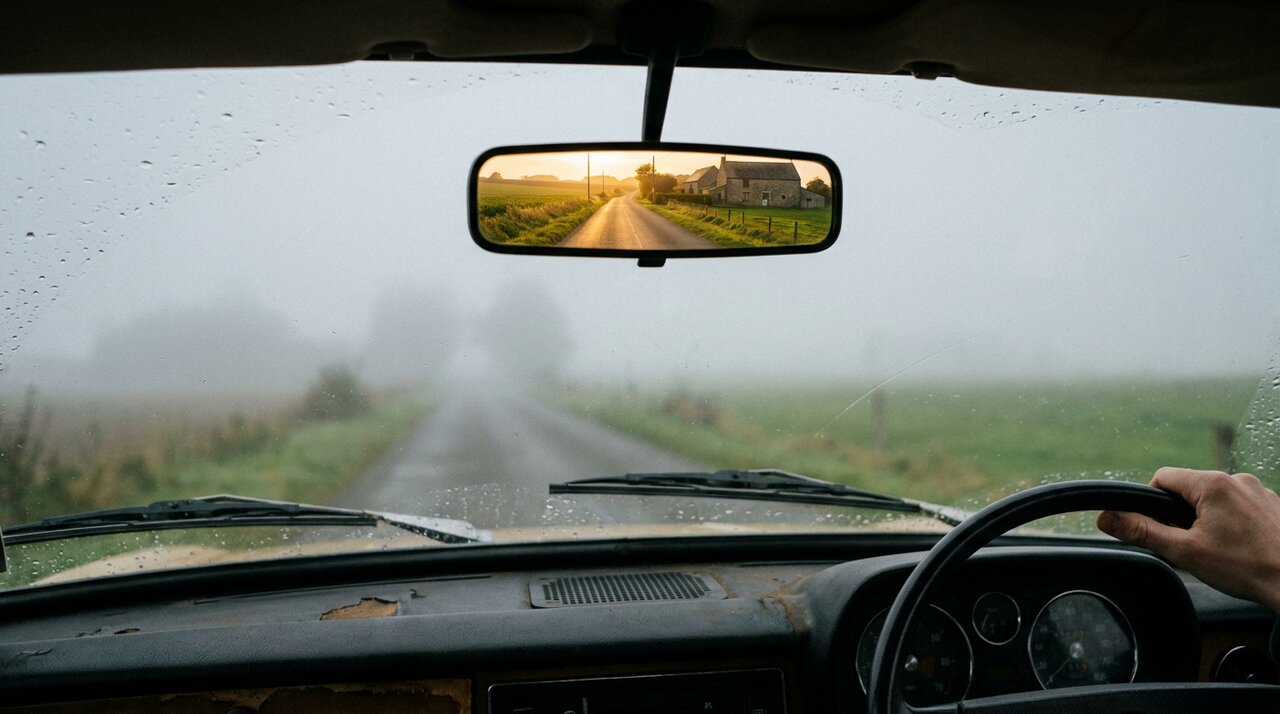 A foggy road seen through a car windshield, while the rear-view mirror shows the road behind in golden sunlight