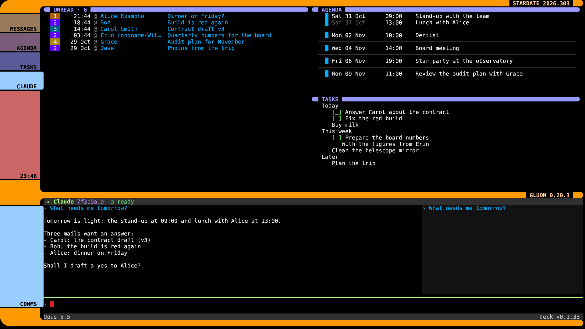 gluon in the bridge look: orange arms and coloured buttons around my mail, calendar, tasks and Claude