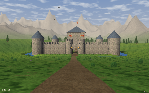 A path across the grass to a stone castle, mountains behind