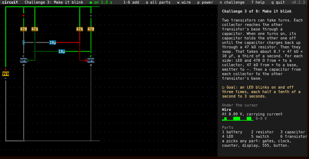 circuit: two transistors taking turns, the lit LED's loop in double lines