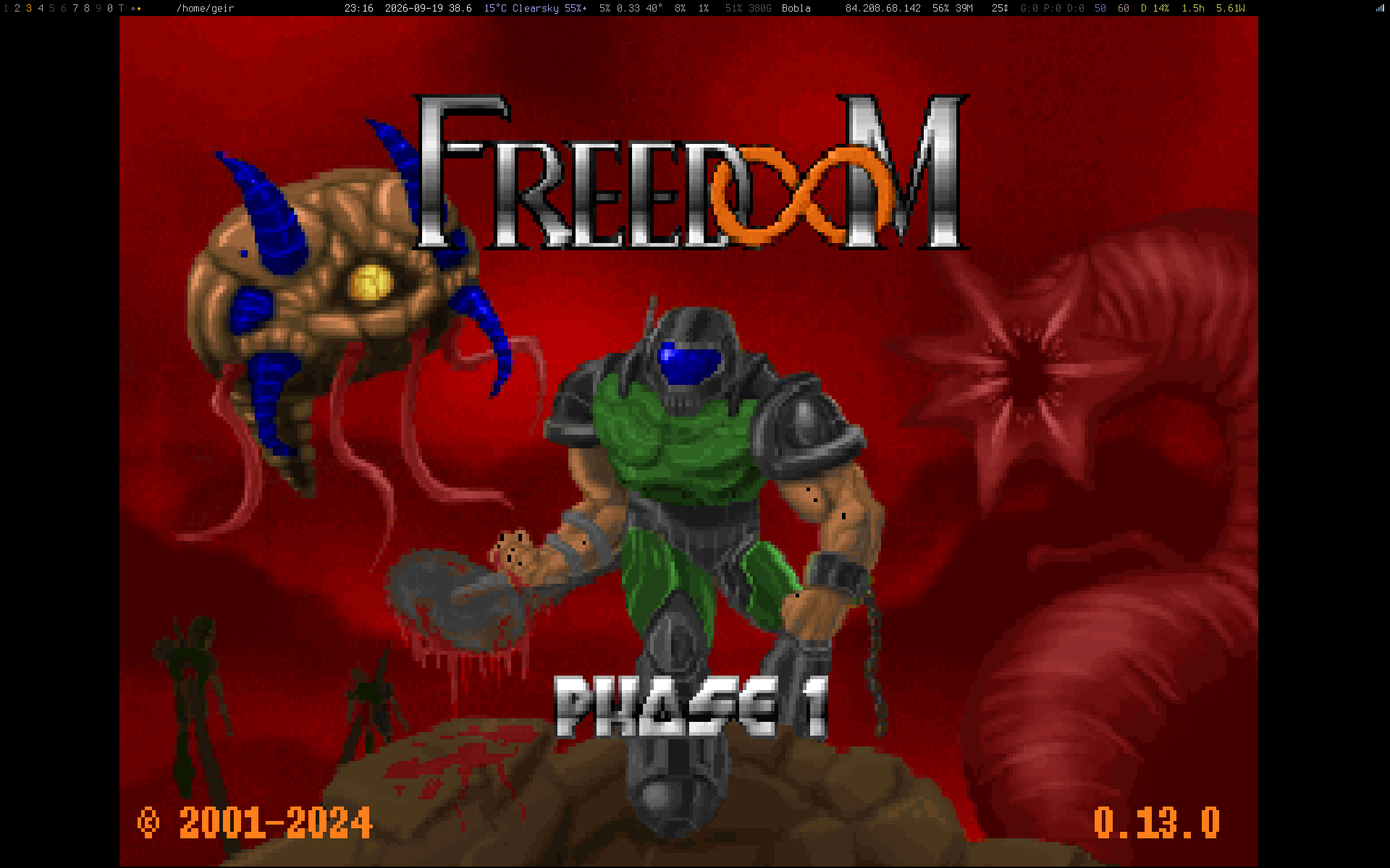 Freedoom's title screen in glass, with the strip above it
