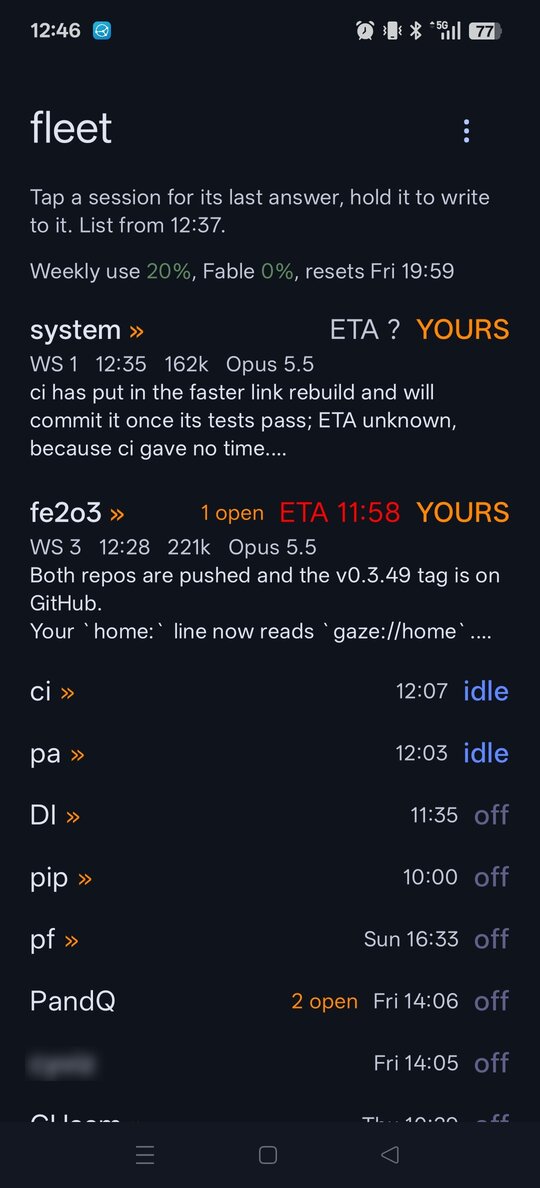The fleet app's session list