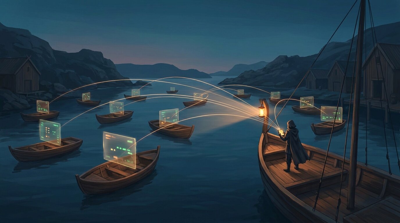 A flagship at dusk signals a fleet of small boats, each carrying a glowing screen