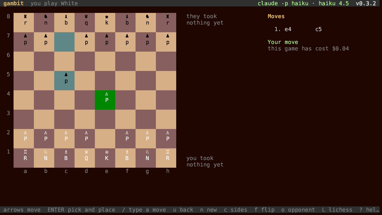 gambit: a game against claude, with the model named in the corner
