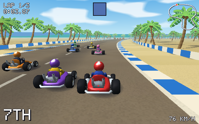 Karts on the beach track, palms along the road