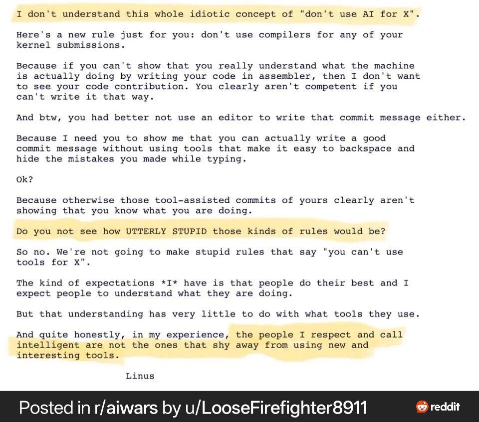 Linus Torvalds on the kernel mailing list, 13 October 2026: rules that ban tools are utterly stupid