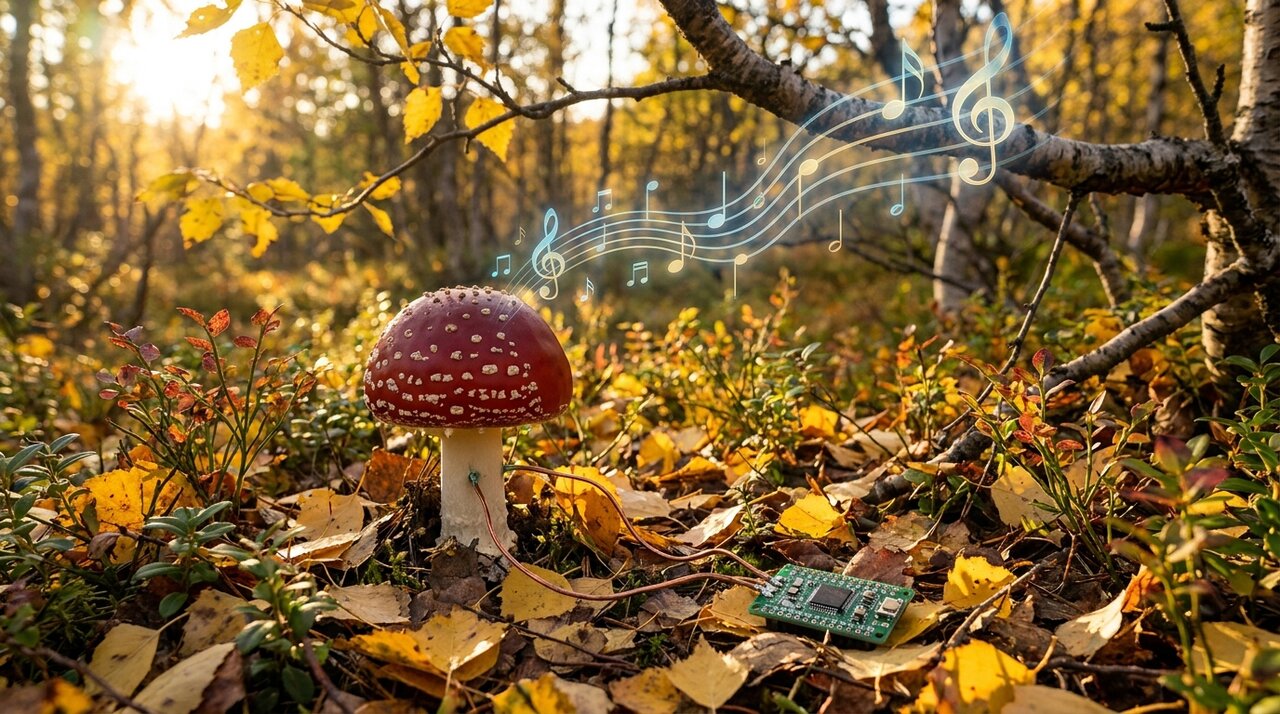 A fly agaric in an autumn birch forest, wired to a small circuit board, with music notes rising from its cap