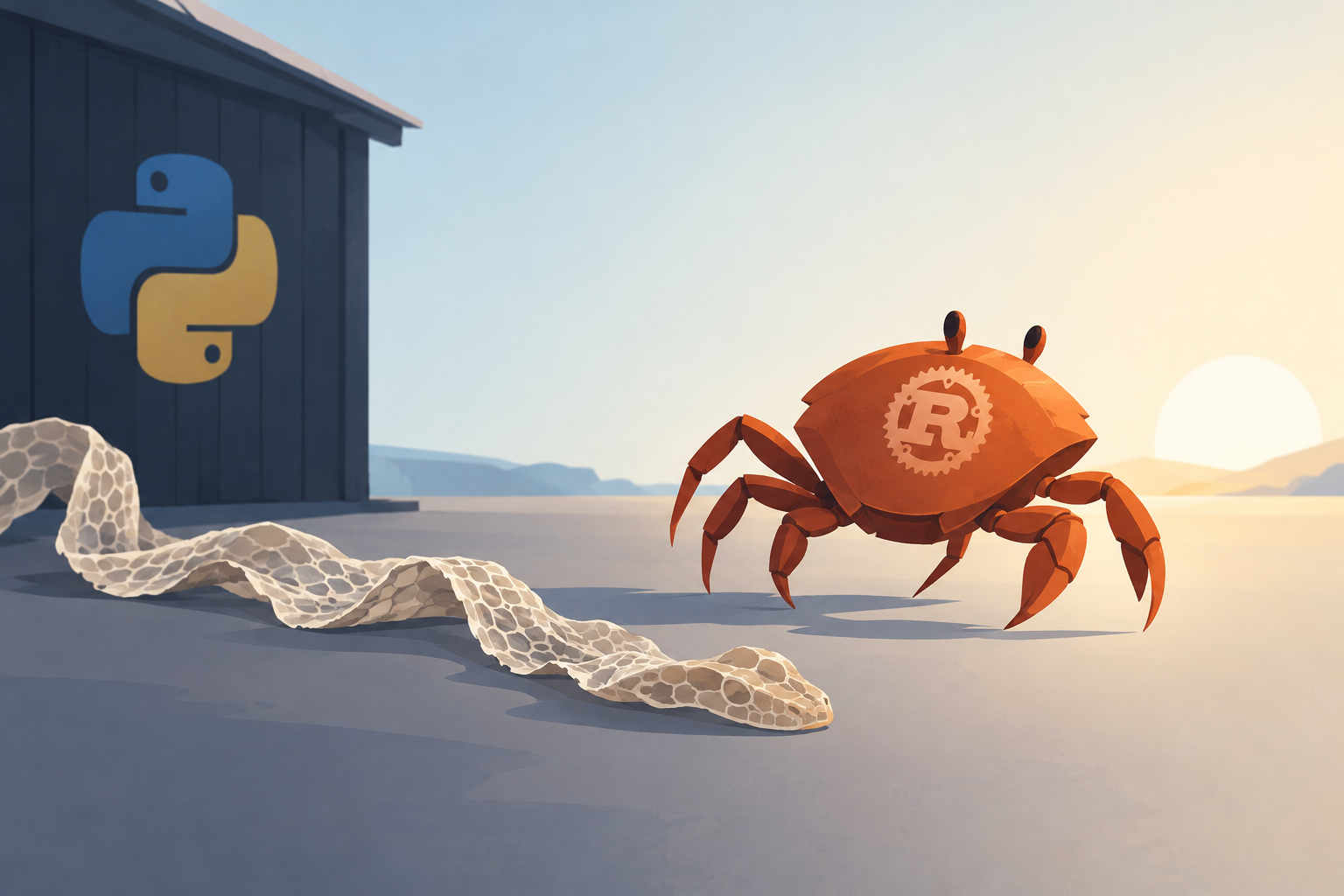 The Rust crab walks away from a shed python skin