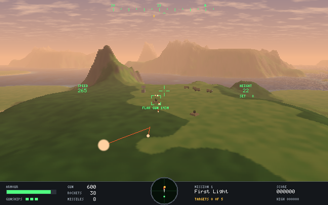 A gunship over a green hill at dusk, a flak gun firing at it