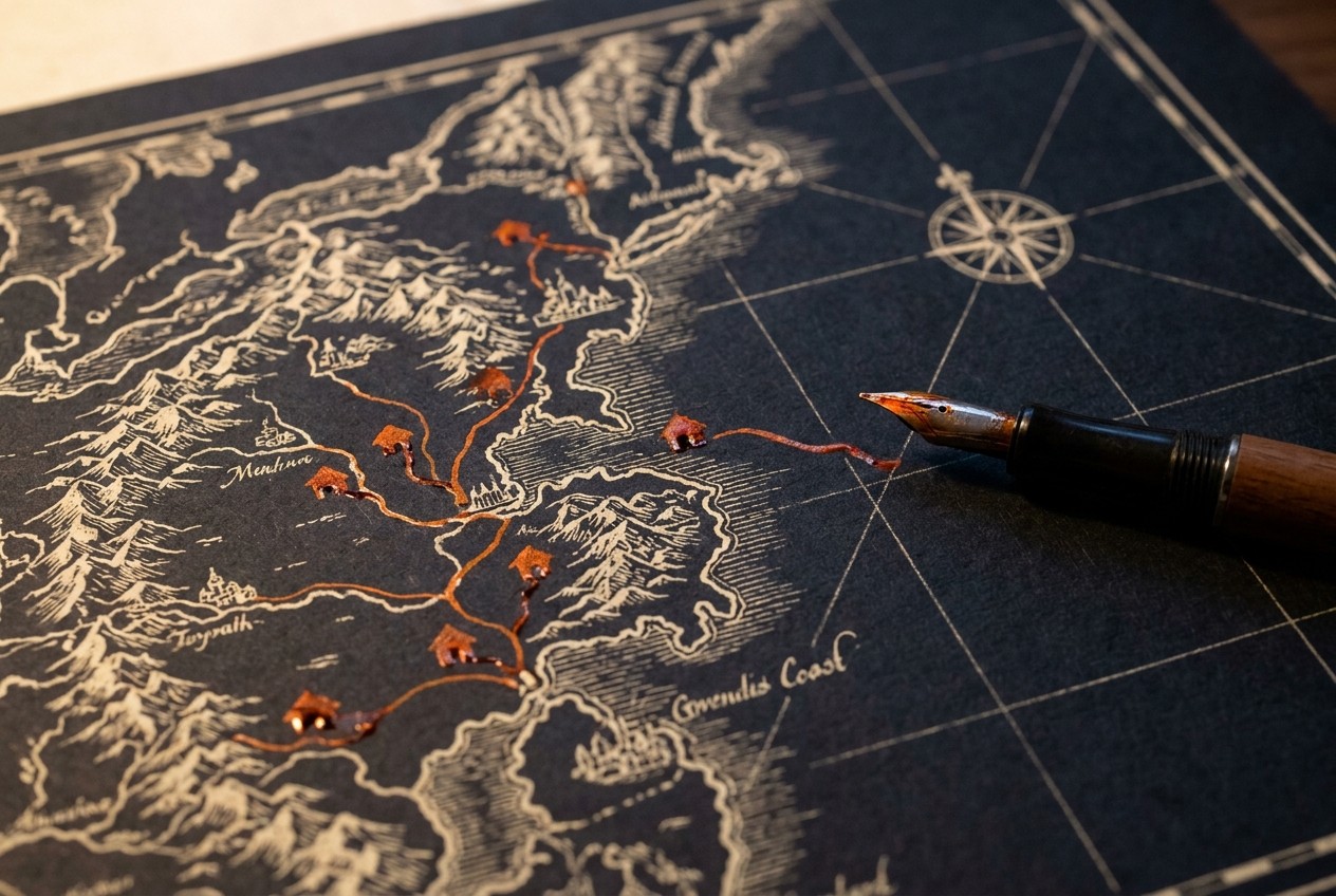 A map with seven new towns drawn in fresh orange ink