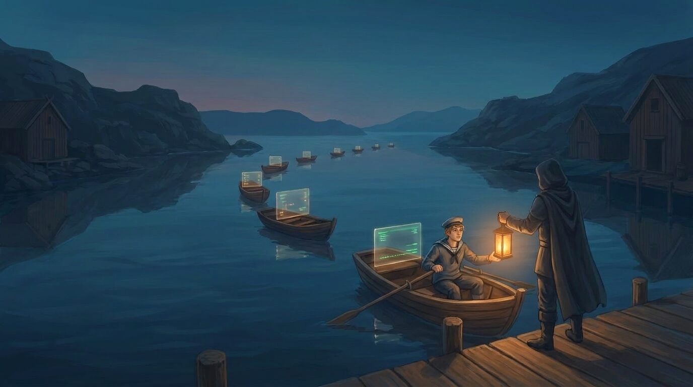 A hooded figure hands a lantern to a young sailor, while small boats with screens glide over a fjord