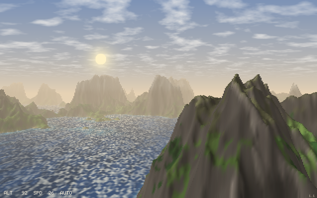 Rocky peaks around a bay, the sun low over the haze