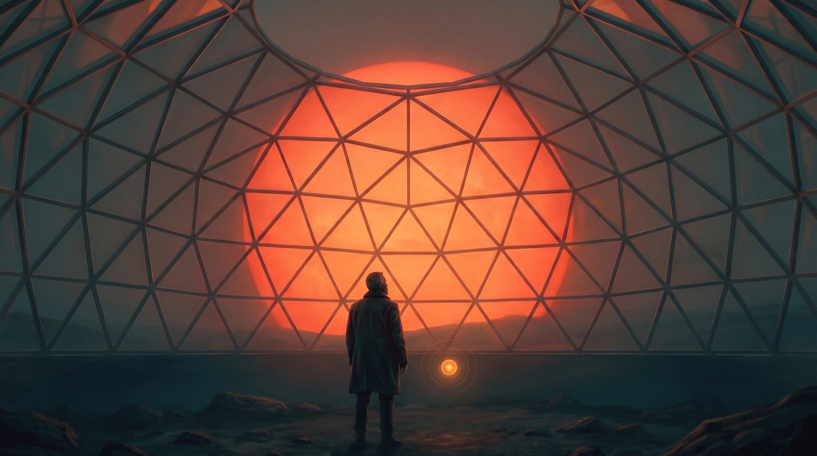 A man and a small glowing orb in a glass dome, under a swollen red sun that fills the sky