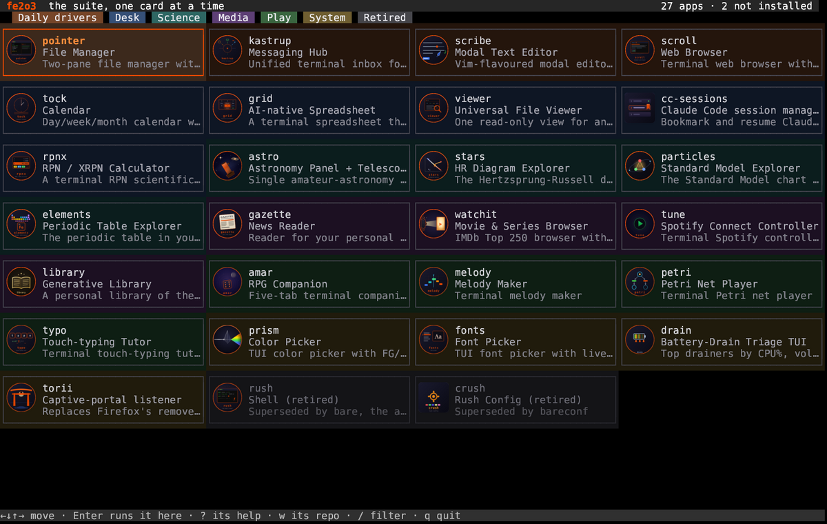 the fe2o3 launcher: a grid of app cards