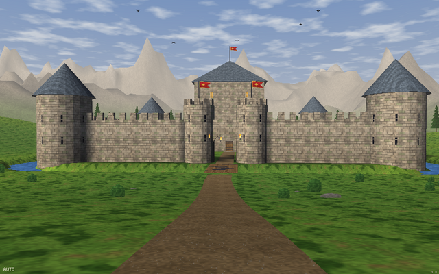 castle: a dirt path across the grass to a stone castle with round towers, slate roofs and red banners, mountains behind