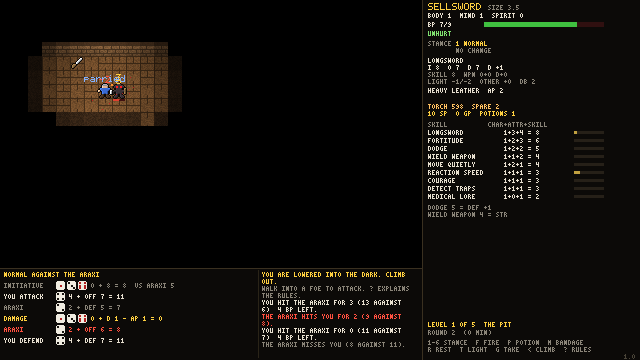eliminator: a sellsword fights by torchlight, the dice of every roll below the map