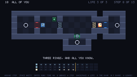 again: three selves in a room of doors and gates, and under it their steps as rows of arrows
