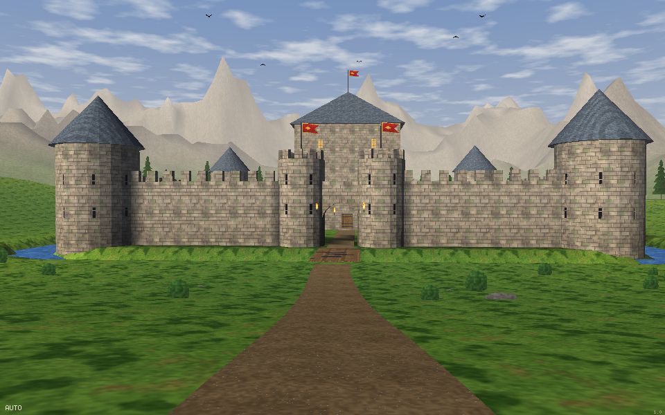 castle: the gatehouse and keep across the moat, banners flying