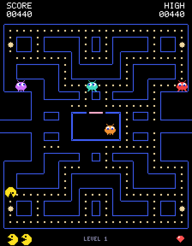 chomp: a yellow muncher in a blue maze of dots, three chasers out in the corridors and one still in its house