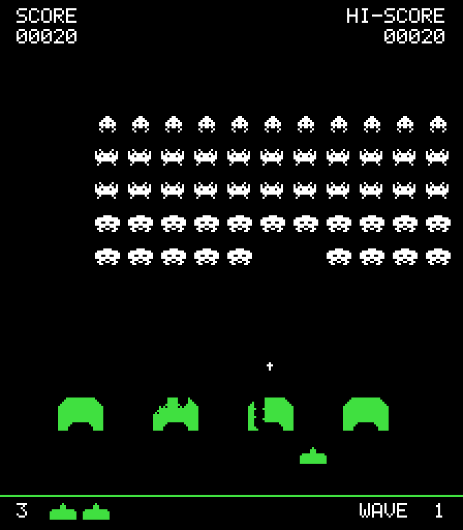invaders: five rows of eleven above four shields