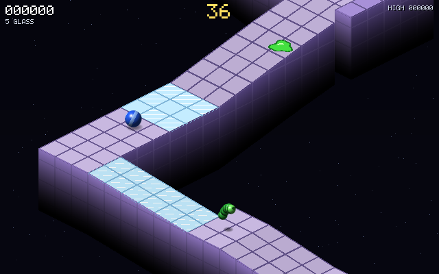 marble: a blue marble on a patch of ice, a pool of acid on the road behind it and a green spring waiting ahead