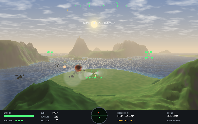 raid: a gunship shot down over a lake, a second one coming in, a flak gun in the target box