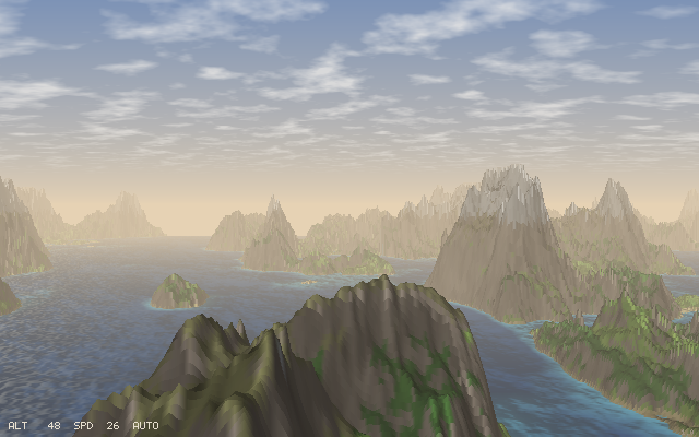 soar: mountains, water and clouds under a low sun