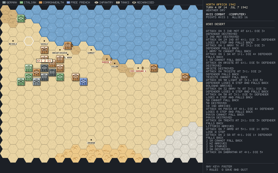 wargame: the desert of North Africa as hexes, German, Italian and British counters around Tobruk, the log of the fighting on the right